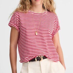 NWT Madewell XS Boxy-Crop Tee Soft Slub Festival Red White Stripe T-Shirt NS579